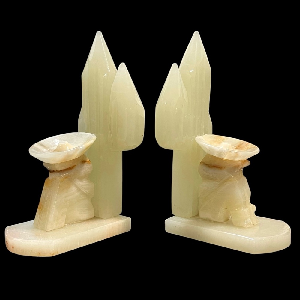 Vintage 1960s Hand Carved Onyx Marble Siesta Sombrero Man Cactus Bookend